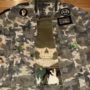Camouflage Military Denim Jacket with Skull and Patch Details